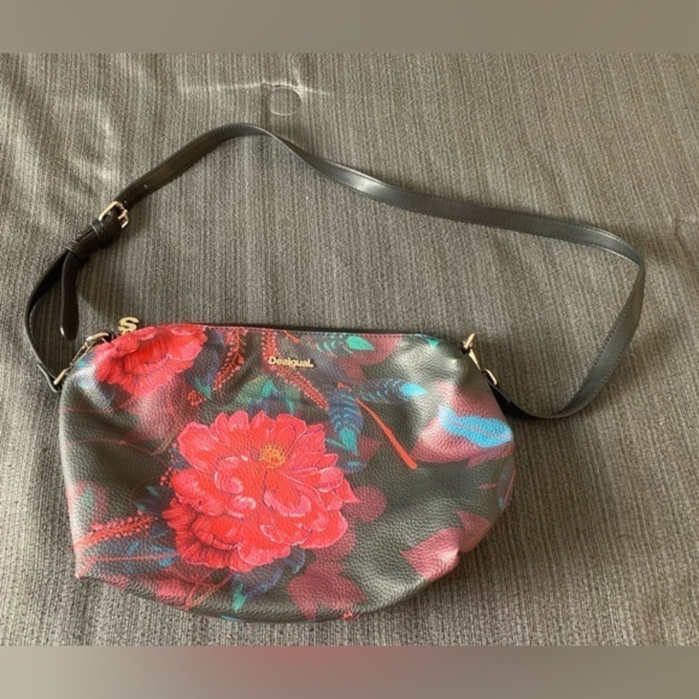 Desigual Black Floral Crossbody Bag with Red Flower Print
